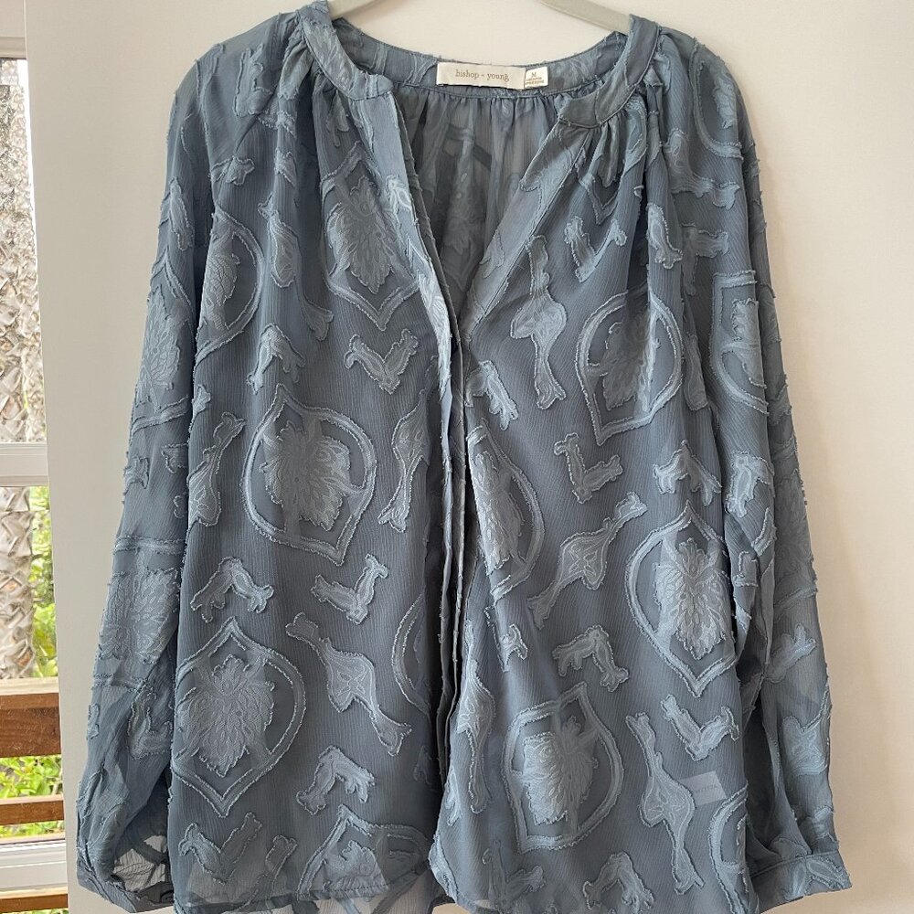 Bishop + Young Sheer Blue V-Neck Blouse, Applique‎ Overlay, M,K4ATW1772A